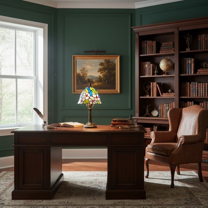 Virelle Traditionele Tiffany Tafellamp – Kleurrijke Bureaulamp met Glas-in-lood Koepel voor Slaapkamer HL2337