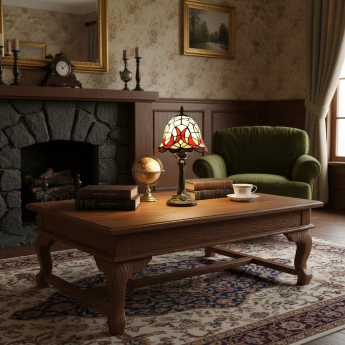 Virelle Traditionele Tiffany Tafellamp – Kleurrijke Bureaulamp met Glas-in-lood Koepel voor Slaapkamer HL2337