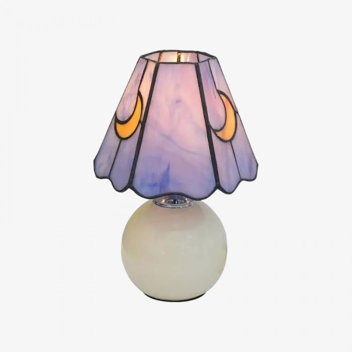 Lampa stołowa witrażowa Stellum Mushroom Moon, artystyczna lampa akcentowa z ceramiczną podstawą do salonów HL2339