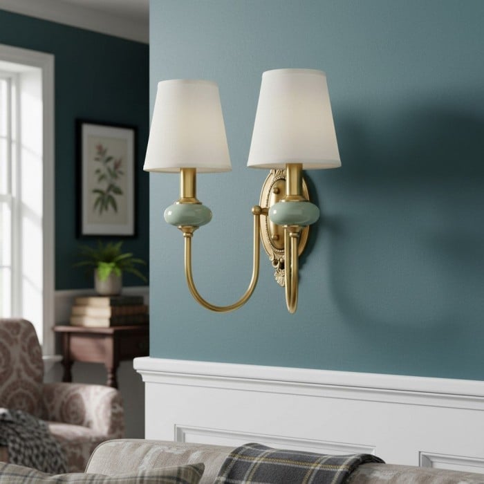 Rowanea keramische wandlamp met stoffen kap en metalen afwerking - Moderne halverlichting in landelijke stijl HL2409