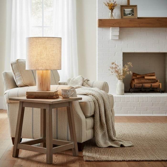 Linemora Simple Wooden Base Table Lamp - Natural Linen Cylindrical Shade Design HL2182