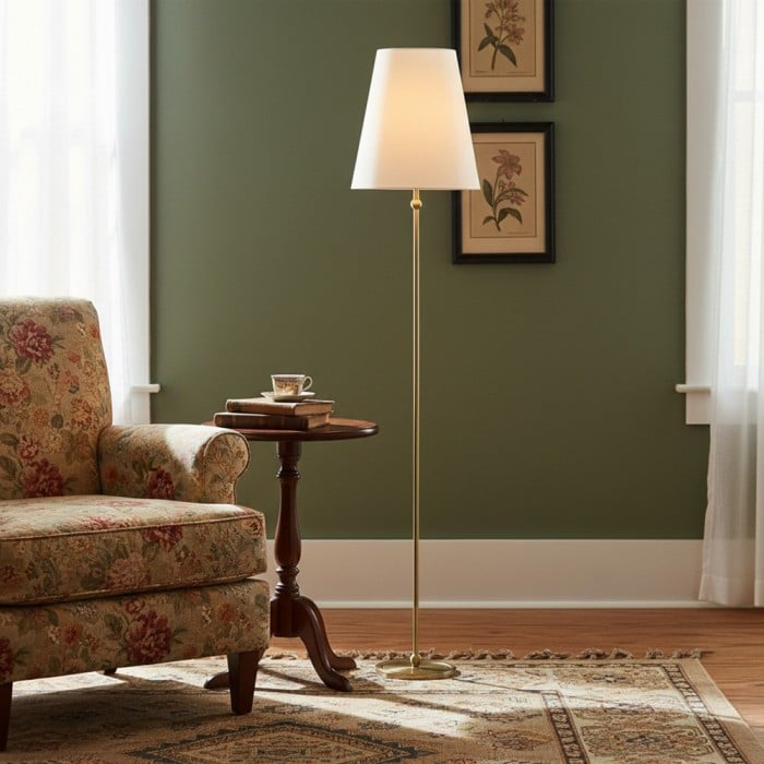 Lámpara de pie vintage Serena de latón - Estructura de hierro con pantalla de lino para salas de estar y rincones de lectura