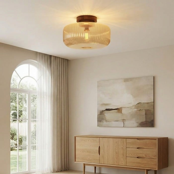 Lámpara de techo Amberflow retro de cristal estriado ámbar – Montaje empotrado redondo para pasillos y entradas HL2434