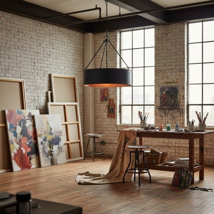 Lámpara colgante industrial contemporánea Dravik con forma de tambor: lámpara colgante de metal negro para sala de estar o