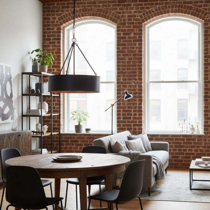 Lámpara colgante industrial contemporánea Dravik con forma de tambor: lámpara colgante de metal negro para sala de estar o