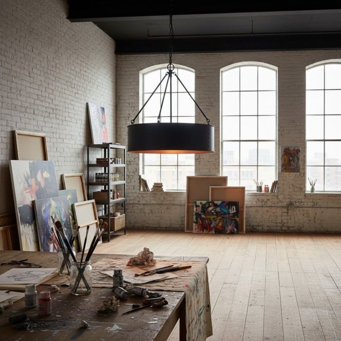 Lámpara colgante industrial contemporánea Dravik con forma de tambor: lámpara colgante de metal negro para sala de estar o