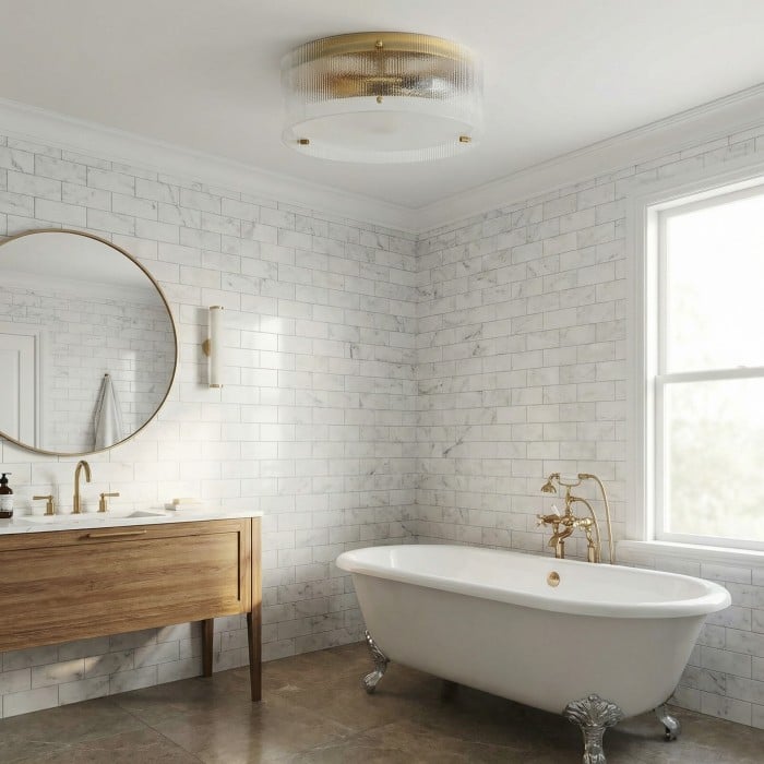 Plafonnier rond en laiton et verre cannelé Glimmerove – Style rustique chic, idéal pour salons et salles de bains HL2442