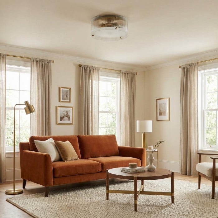 Plafonnier rond en laiton et verre cannelé Glimmerove – Style rustique chic, idéal pour salons et salles de bains HL2442