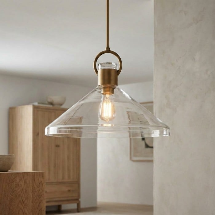 Lampa wisząca Lumicona Wide Cone – przezroczysty szklany klosz w stylu industrialnym do kuchni HL2420