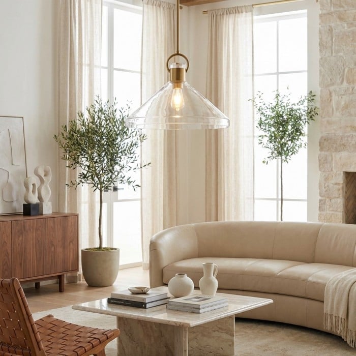 Suspension Lumicona à cône large – Design en verre transparent de style industriel pour cuisines HL2420