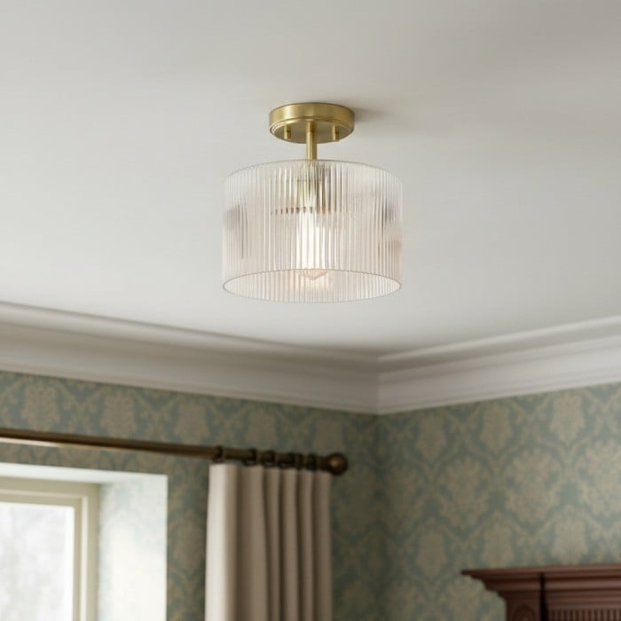 Plafonnier semi-encastré Rivora en verre nervuré - Style ferme moderne, idéal pour chambre et couloir HL2427