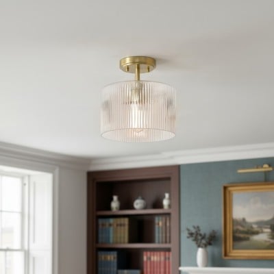 Rivora Ribbed Glass Semi Flush Ceiling - Modern Farmhouse Ceiling Light for Bedroom and Hallway HL2427
