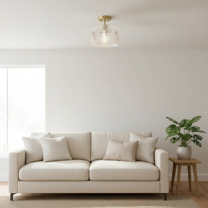 Plafonnier semi-encastré Rivora en verre nervuré - Style ferme moderne, idéal pour chambre et couloir HL2427