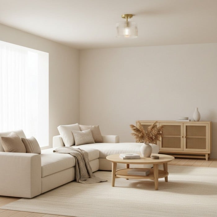 Plafonnier semi-encastré Rivora en verre nervuré - Style ferme moderne, idéal pour chambre et couloir HL2427