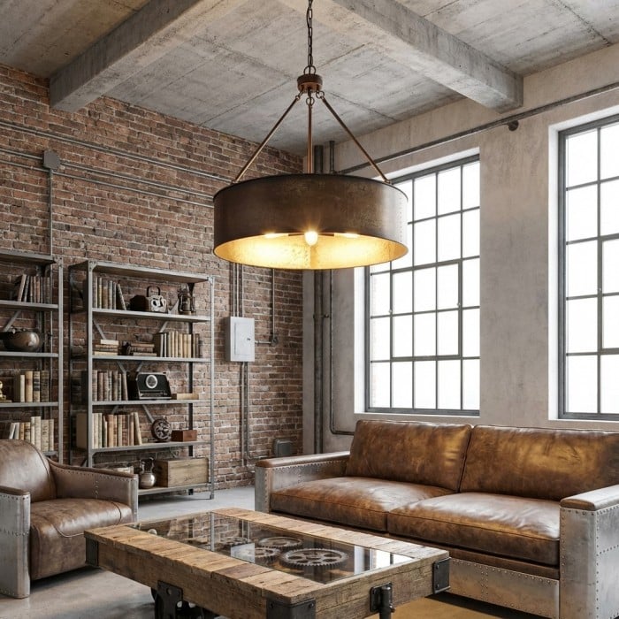 Lampa wisząca Velara Industrial Drum Shade – oprawa wisząca w stylu industrialnym do kuchni i jadalni HL2438