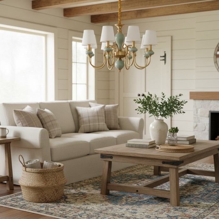 Altoris Serie Kroonluchter met Stoffen Lampenkappen - Messing Keramische Kroonluchter voor Woonkamer HL2479