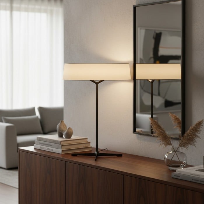 Delvara Moderne dekorative Tischleuchte - Schreibtischlampe mit Metallfuß und pergamentfarbenem Lampenschirm für den Nachttisch