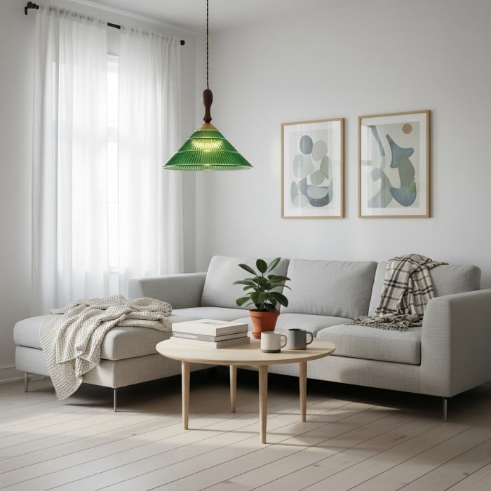 Lámpara colgante Elunaris Vintage con forma de trompeta y pantalla de cristal verde para comedor HL2455