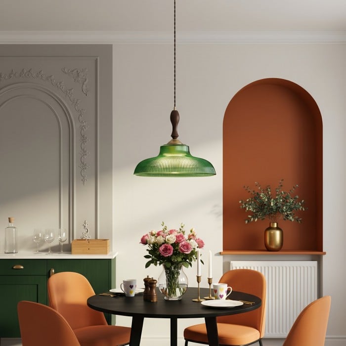Lámpara colgante Elunaris Vintage con forma de trompeta y pantalla de cristal verde para comedor HL2455