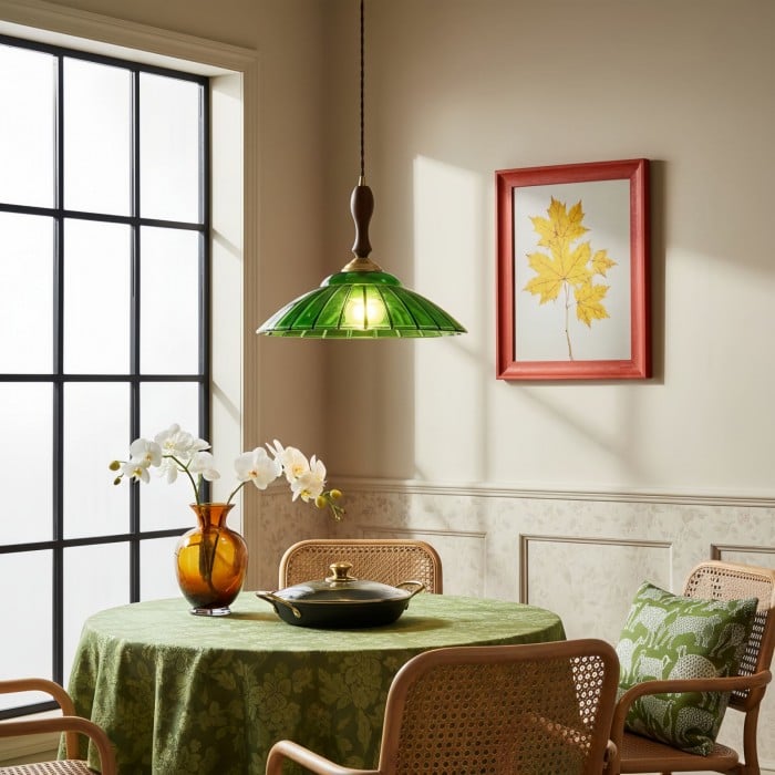 Lámpara colgante Elunaris Vintage con forma de trompeta y pantalla de cristal verde para comedor HL2455