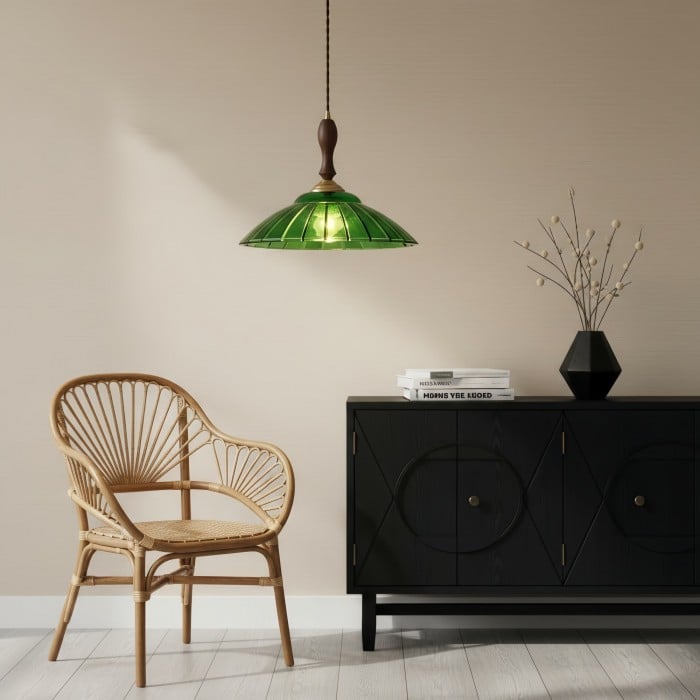 Lámpara colgante Elunaris Vintage con forma de trompeta y pantalla de cristal verde para comedor HL2455