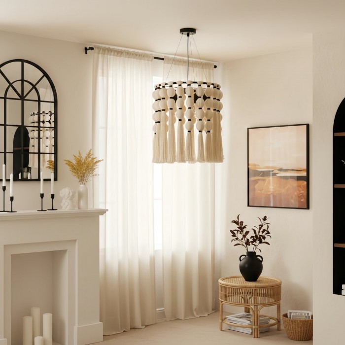 Modulune Moderne, elegante, handgemaakte kroonluchter met witte katoenen franjes voor de woonkamer HL2477