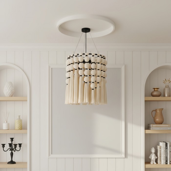 Modulune Moderne, elegante, handgemaakte kroonluchter met witte katoenen franjes voor de woonkamer HL2477