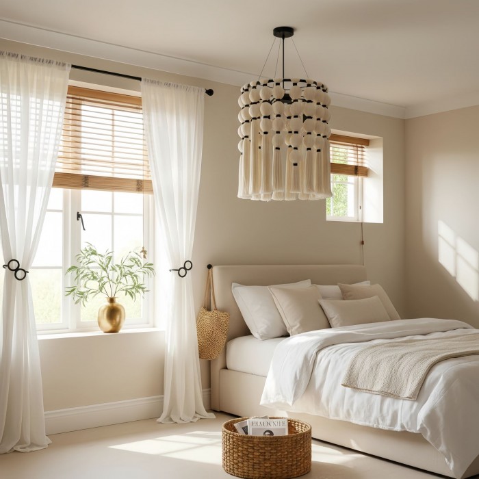 Modulune Moderne, elegante, handgemaakte kroonluchter met witte katoenen franjes voor de woonkamer HL2477