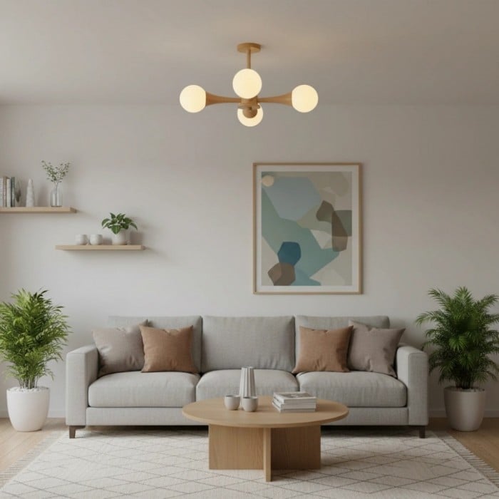 Novalune kroonluchter met meerdere glazen bollen en houten frame - Japanse Zen-stijl voor de woonkamer HL2495