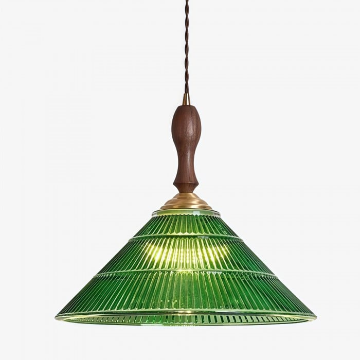 Lámpara colgante Elunaris Vintage con forma de trompeta y pantalla de cristal verde para comedor HL2455