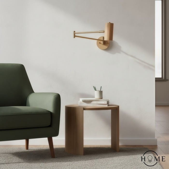 Lampada da parete in ferro e legno regolabile con braccio oscillante cilindrico HL1085