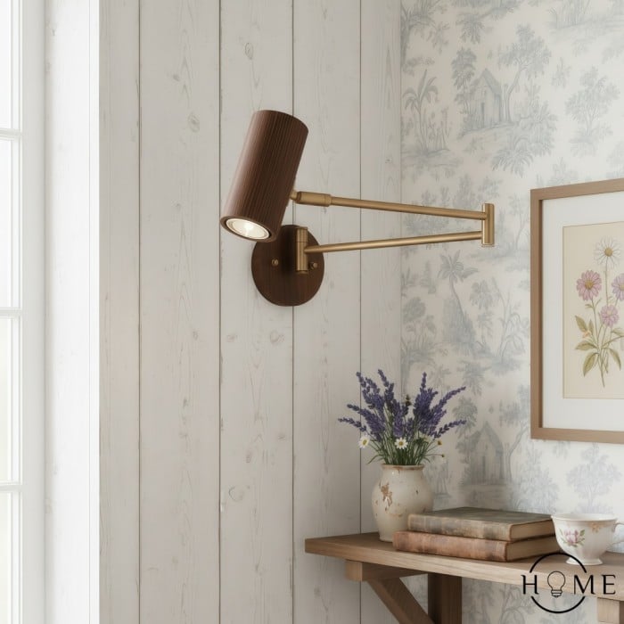 Lámpara de pared de hierro y madera ajustable con brazo oscilante cilíndrico HL1085