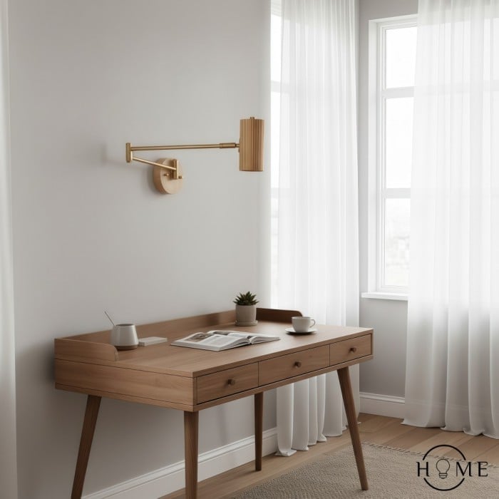 Lampada da parete in ferro e legno regolabile con braccio oscillante cilindrico HL1085