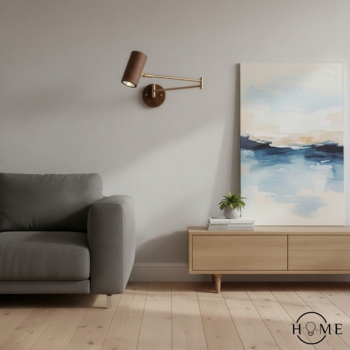 Lampada da parete in ferro e legno regolabile con braccio oscillante cilindrico HL1085