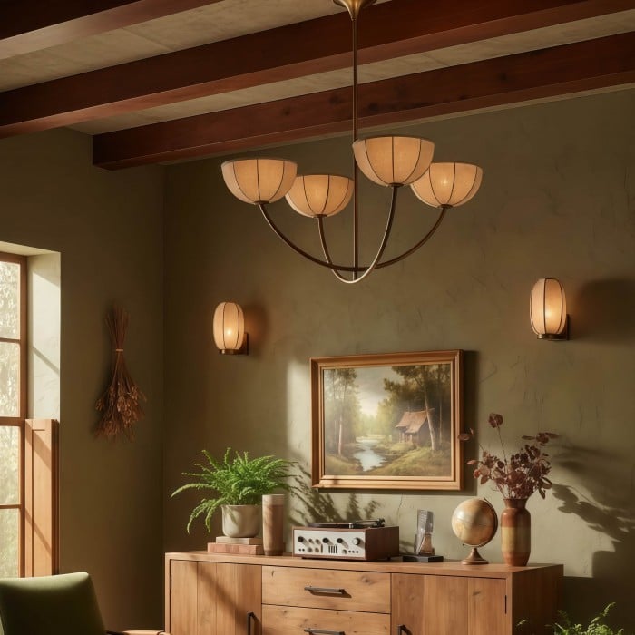 Żyrandol Loomis – elegancki klosz z lnianego materiału i mosiężne wykończenie, nowoczesna lampa wisząca do salonu HL2518