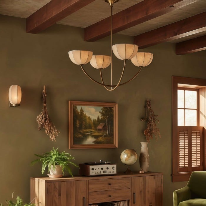 Żyrandol Loomis – elegancki klosz z lnianego materiału i mosiężne wykończenie, nowoczesna lampa wisząca do salonu HL2518