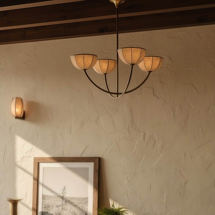 Żyrandol Loomis – elegancki klosz z lnianego materiału i mosiężne wykończenie, nowoczesna lampa wisząca do salonu HL2518