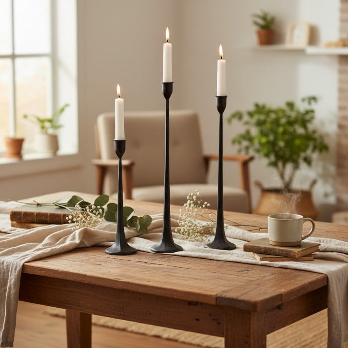 Zestaw nowoczesnych czarnych świeczników stożkowych Tegna – wysoki, żeliwny model do stołów jadalnych HL2524