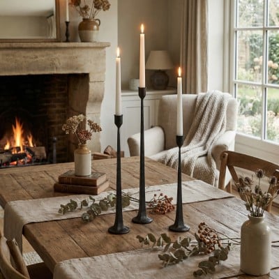 Ensemble de bougeoirs coniques noirs modernes Tegna - Hauts bougeoirs en fonte pour tables à manger HL2524