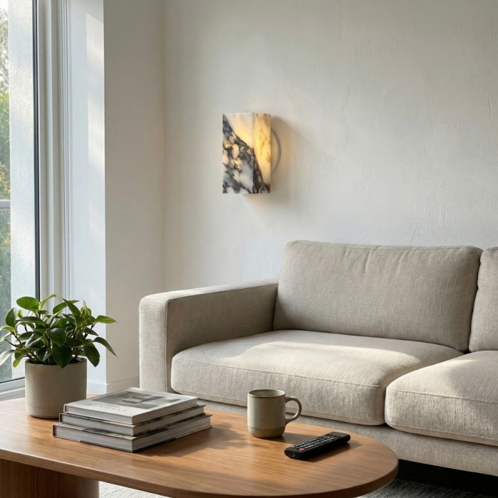 Aplique de pared moderno Alverra con diseño geométrico en piedra - Iluminación ambiental para sala de estar HL2529