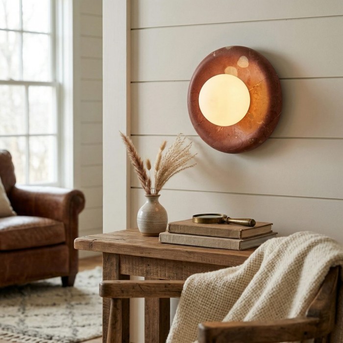 Aplique de pared Oria de piedra travertino – Lámpara de pared escultural minimalista para sala de estar y dormitorio HL2551