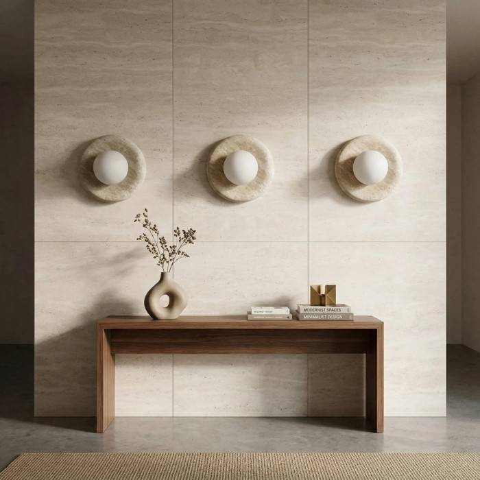 Aplique de pared Oria de piedra travertino – Lámpara de pared escultural minimalista para sala de estar y dormitorio HL2551