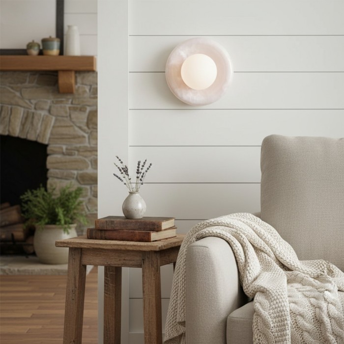 Aplique de pared Oria de piedra travertino – Lámpara de pared escultural minimalista para sala de estar y dormitorio HL2551