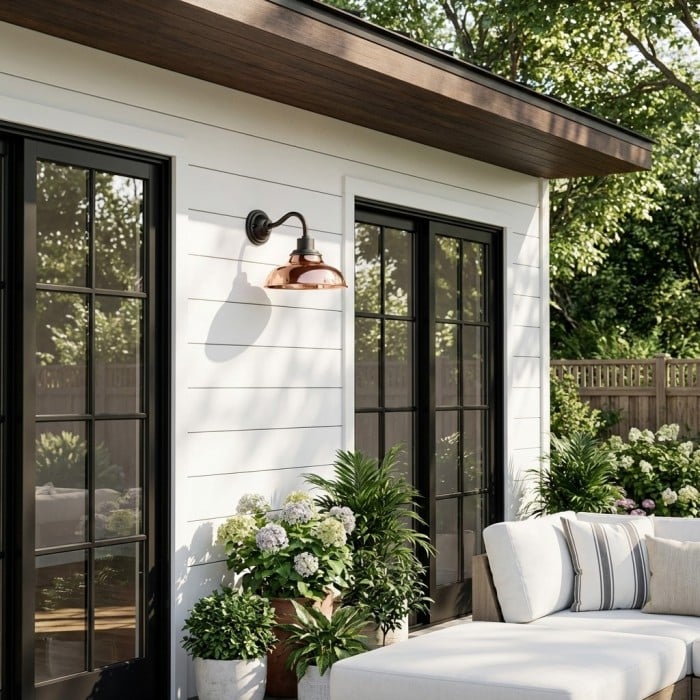 Aplique de pared industrial Velara con forma de cúpula – Lámpara metálica vintage con cuello de cisne para porche o patio HL2536