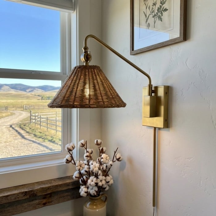 Aplique de pared de ratán con brazo oscilante Welanery - Lámpara de estilo rústico para lectura junto a la cama HL2535