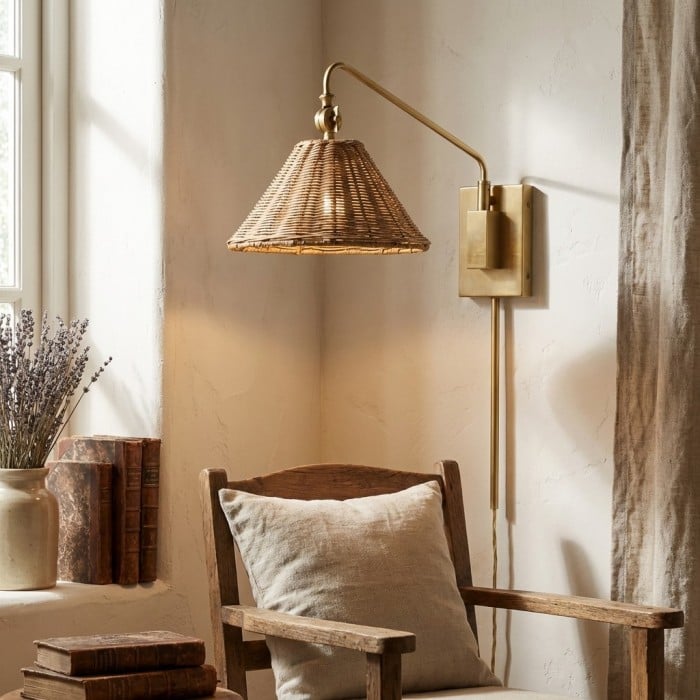 Aplique de pared de ratán con brazo oscilante Welanery - Lámpara de estilo rústico para lectura junto a la cama HL2535