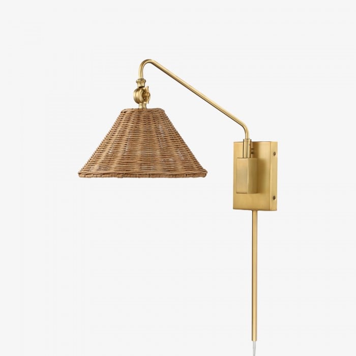 Aplique de pared de ratán con brazo oscilante Welanery - Lámpara de estilo rústico para lectura junto a la cama HL2535