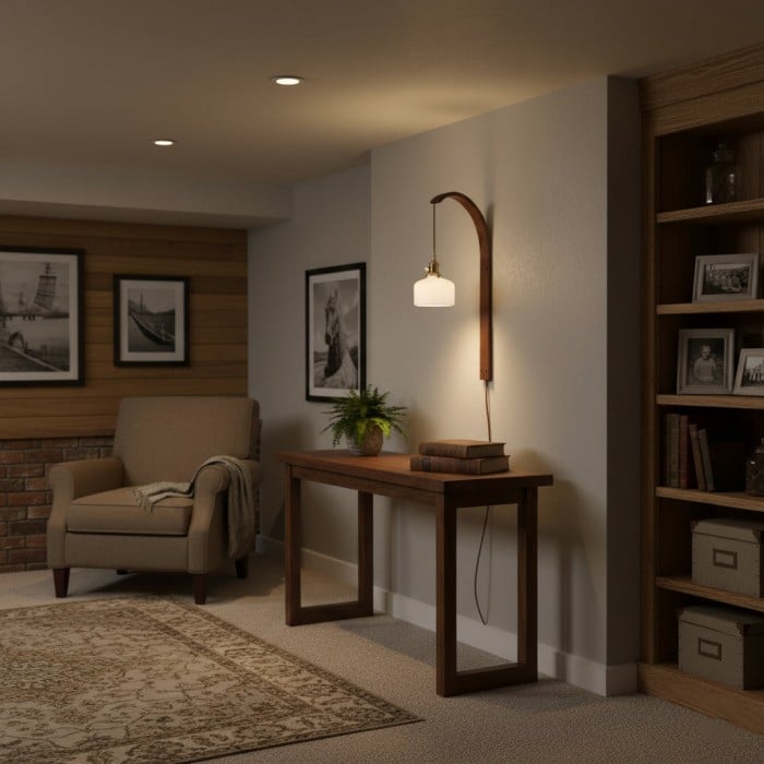 Gebogen walnootkleurige keramische wandlamp met stekker HL3051