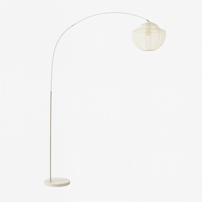 Lampa podłogowa Lumifil Arc z abażurem z siatki tekstylnej – metalowy stojak do delikatnego oświetlenia w salonie HL1977