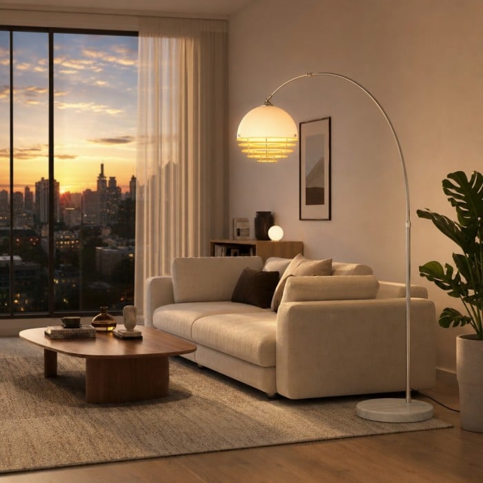Lampada da terra curva Afterglow Sunset - Paralume in vetro vintage per camera da letto HL3571